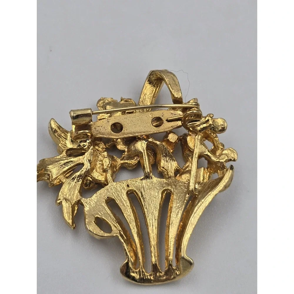 Vintage‎ Gold Tone Floral Flower Basket Brooch Pin Pendant Clear Rhinestones